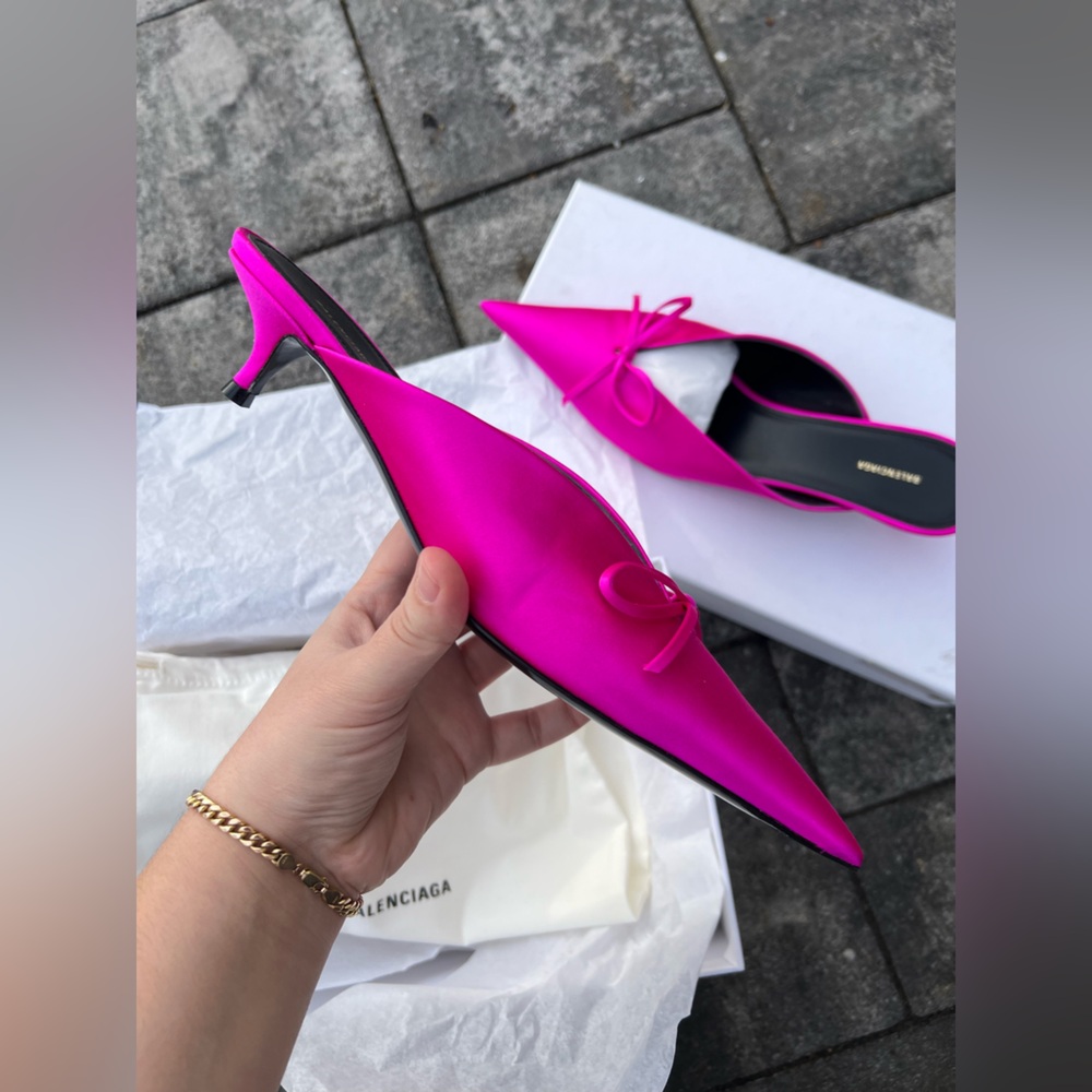 BALENCIAGA Knife Bow Satin Fuchsia Mules - Size 38.5 - NEW - Picture 4 of 17